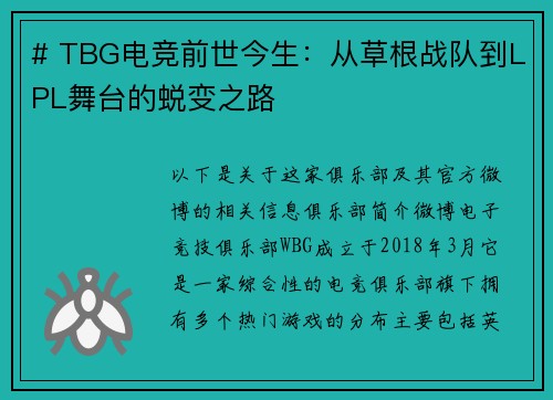 # TBG电竞前世今生：从草根战队到LPL舞台的蜕变之路
